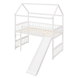 English Elm Twin Playhouse Loft Bed with Built-in Slide Solid Pine Frame Kids Bedroom LT001212AAK