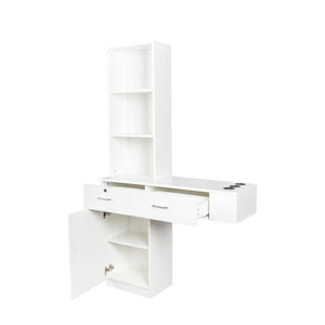 English Elm White modern vanity desk with multi-layer storage, 2 drawers & cabinet, hairdryer ports, space-saving W33163006