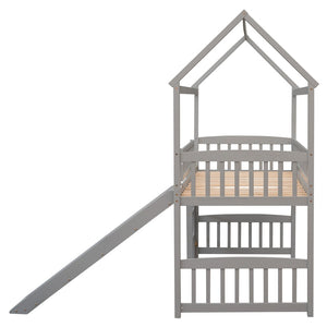 English Elm Twin Playhouse Loft Bed with Built-in Slide Solid Pine Frame Kids Bedroom LT001212AAE