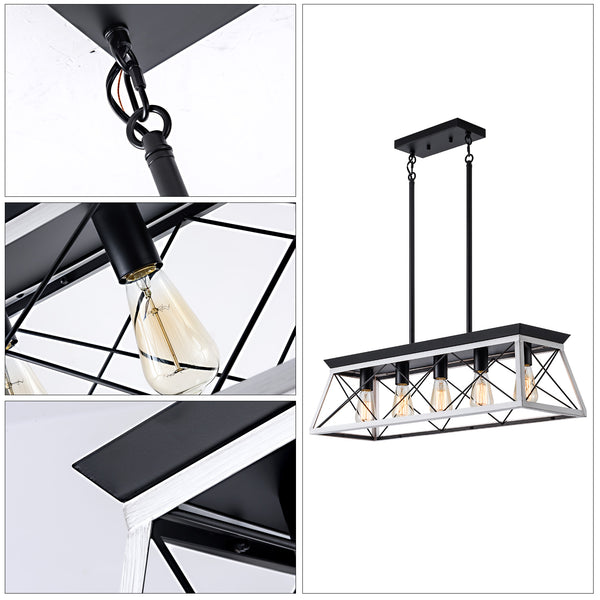 English Elm (Same) 32" Black White 5-Light Industrial Pendant Chandelier - Modern Metal Cage, Adjustable Design For Any Room W1340P206634