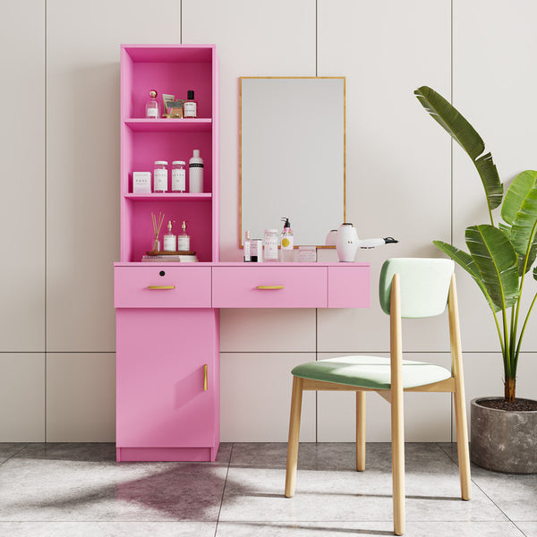 English Elm Pink Modern Hair Desk with Multi-Layer Storage, 2 Drawers & Cabinet, Hair Dryer Ports for Salon/Home W33163007