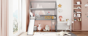 English Elm Twin Playhouse Loft Bed with Built-in Slide Solid Pine Frame Kids Bedroom LT001212AAE