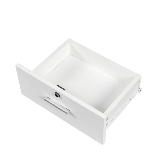 English Elm White modern vanity desk with multi-layer storage, 2 drawers & cabinet, hairdryer ports, space-saving W33163006