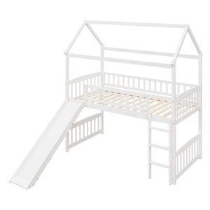 English Elm Twin Playhouse Loft Bed with Built-in Slide Solid Pine Frame Kids Bedroom LT001212AAK