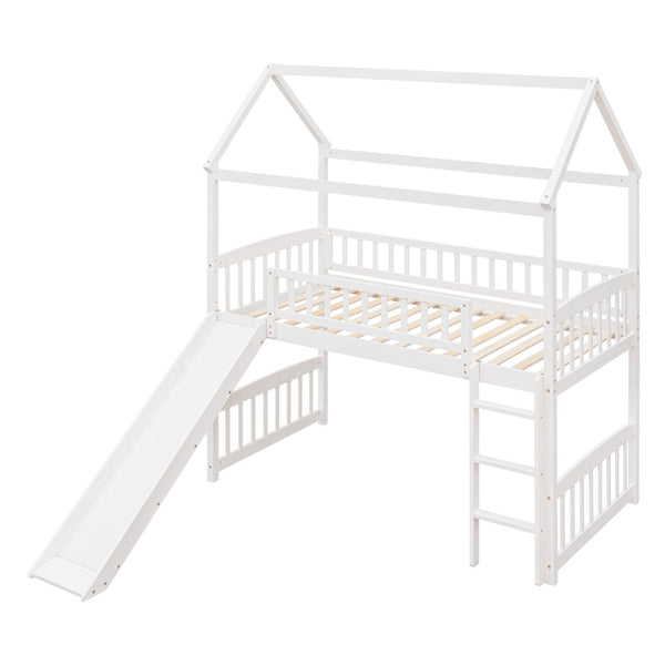 English Elm Twin Playhouse Loft Bed with Built-in Slide Solid Pine Frame Kids Bedroom LT001212AAK