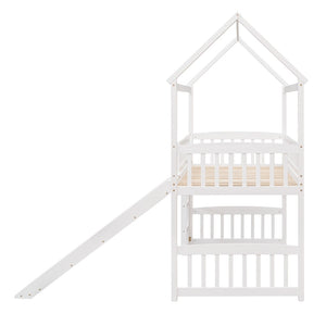 English Elm Twin Playhouse Loft Bed with Built-in Slide Solid Pine Frame Kids Bedroom LT001212AAK