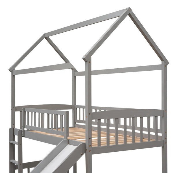 English Elm Twin Playhouse Loft Bed with Built-in Slide Solid Pine Frame Kids Bedroom LT001212AAE
