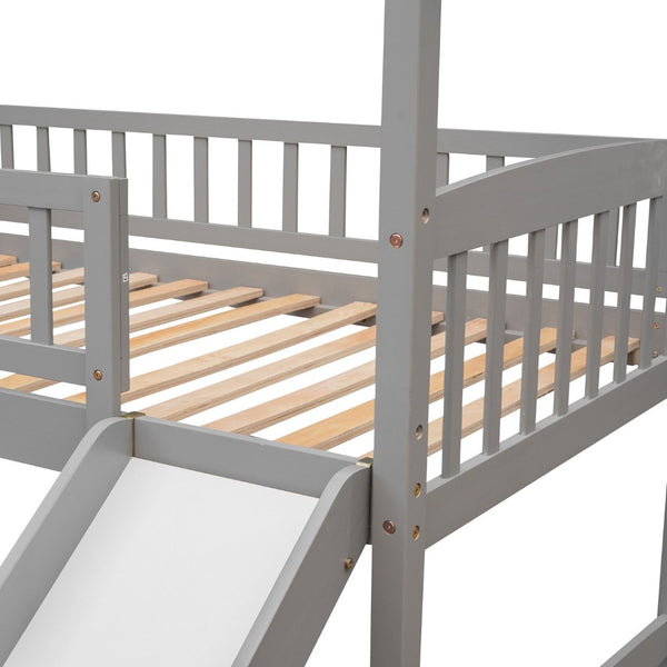 English Elm Twin Playhouse Loft Bed with Built-in Slide Solid Pine Frame Kids Bedroom LT001212AAE