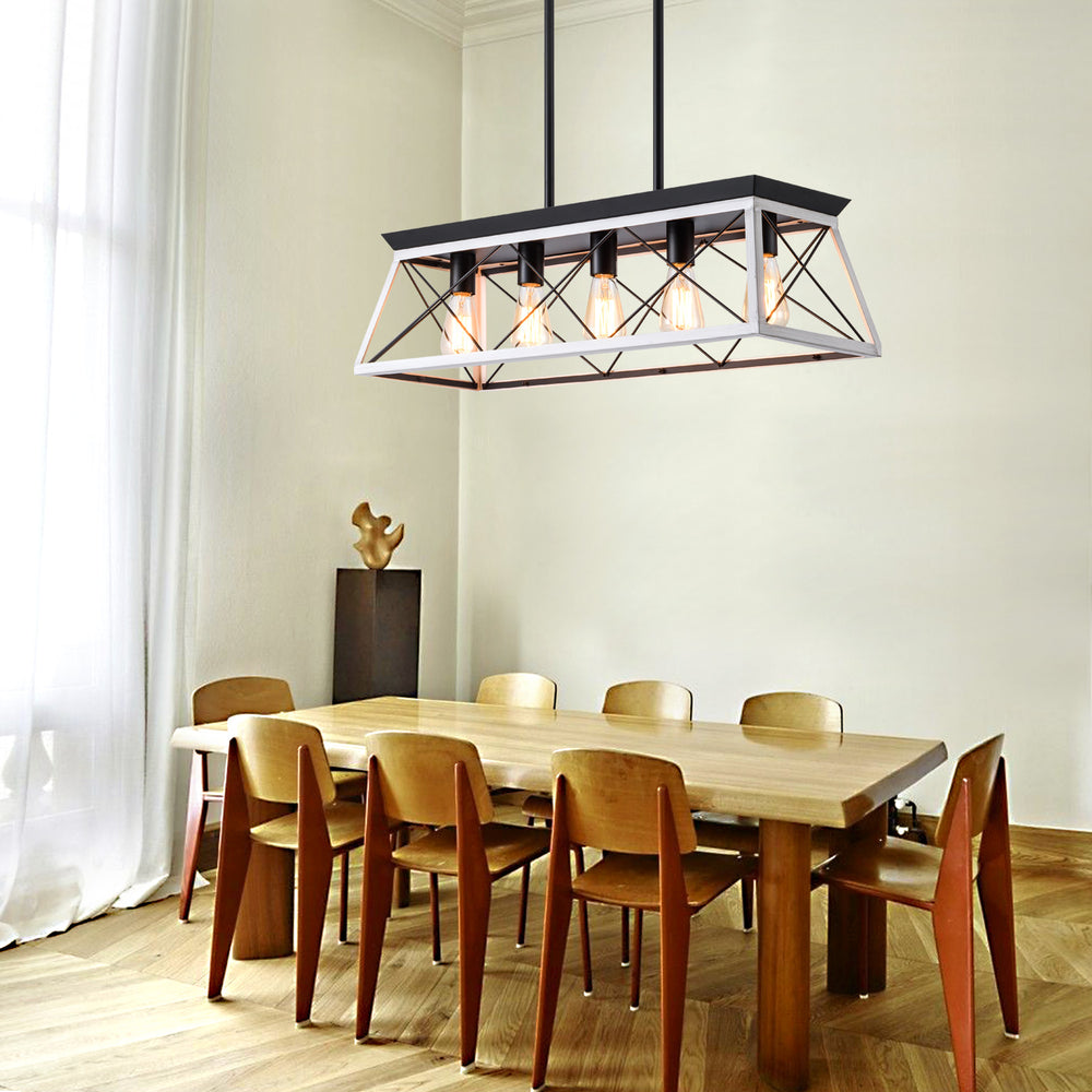 English Elm (Same) 32" Black White 5-Light Industrial Pendant Chandelier - Modern Metal Cage, Adjustable Design For Any Room W1340P206634