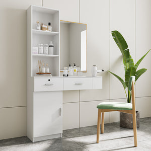 English Elm White modern vanity desk with multi-layer storage, 2 drawers & cabinet, hairdryer ports, space-saving W33163006