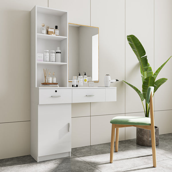 English Elm White modern vanity desk with multi-layer storage, 2 drawers & cabinet, hairdryer ports, space-saving W33163006