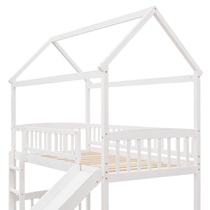 English Elm Twin Playhouse Loft Bed with Built-in Slide Solid Pine Frame Kids Bedroom LT001212AAK