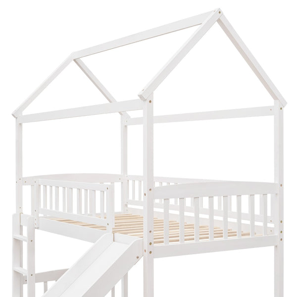 English Elm Twin Playhouse Loft Bed with Built-in Slide Solid Pine Frame Kids Bedroom LT001212AAK