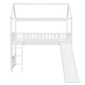 English Elm Twin Playhouse Loft Bed with Built-in Slide Solid Pine Frame Kids Bedroom LT001212AAK