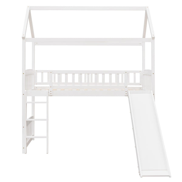 English Elm Twin Playhouse Loft Bed with Built-in Slide Solid Pine Frame Kids Bedroom LT001212AAK