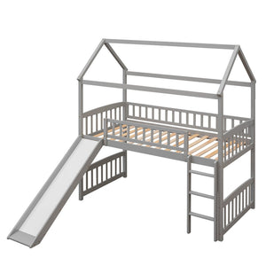 English Elm Twin Playhouse Loft Bed with Built-in Slide Solid Pine Frame Kids Bedroom LT001212AAE