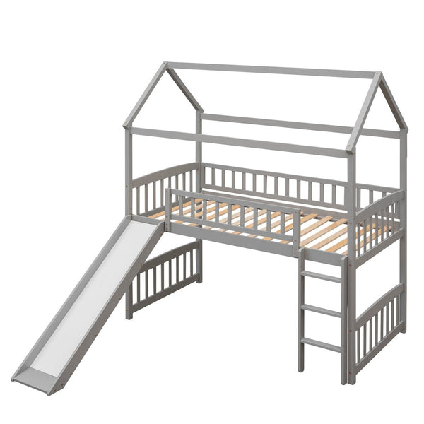 English Elm Twin Playhouse Loft Bed with Built-in Slide Solid Pine Frame Kids Bedroom LT001212AAE