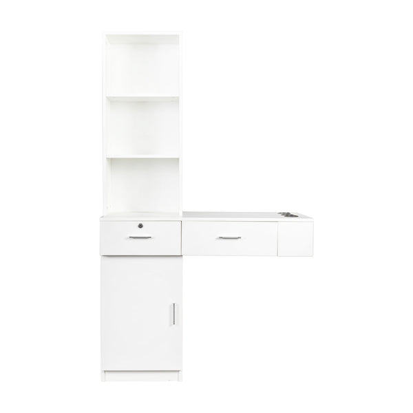 English Elm White modern vanity desk with multi-layer storage, 2 drawers & cabinet, hairdryer ports, space-saving W33163006