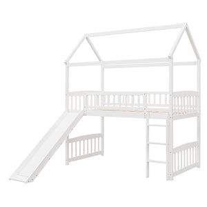 English Elm Twin Playhouse Loft Bed with Built-in Slide Solid Pine Frame Kids Bedroom LT001212AAK