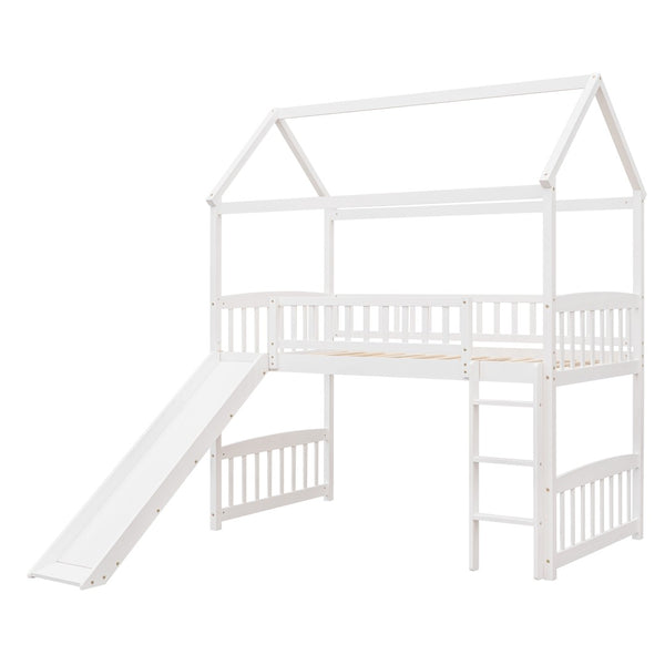 English Elm Twin Playhouse Loft Bed with Built-in Slide Solid Pine Frame Kids Bedroom LT001212AAK