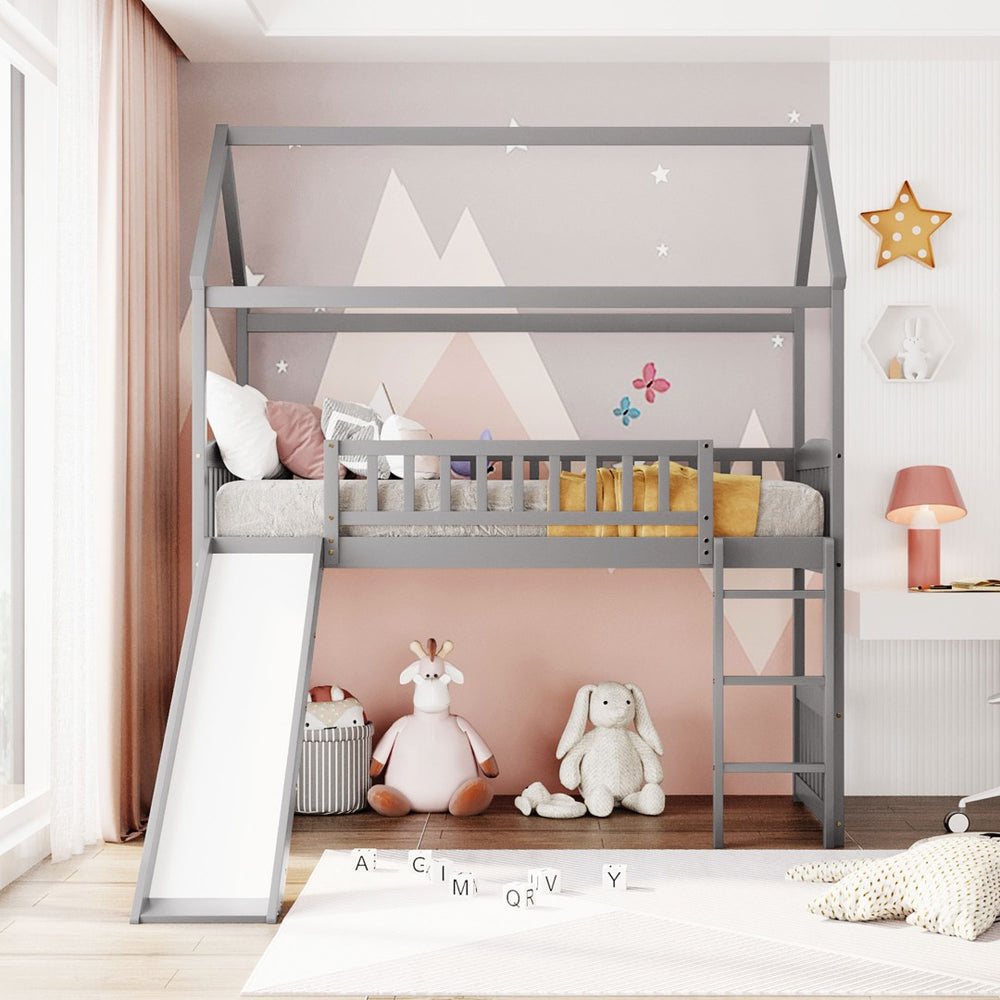 English Elm Twin Playhouse Loft Bed with Built-in Slide Solid Pine Frame Kids Bedroom LT001212AAE