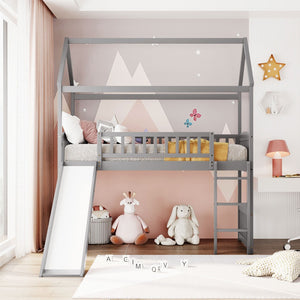 English Elm Twin Playhouse Loft Bed with Built-in Slide Solid Pine Frame Kids Bedroom LT001212AAE