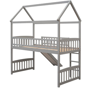 English Elm Twin Playhouse Loft Bed with Built-in Slide Solid Pine Frame Kids Bedroom LT001212AAE
