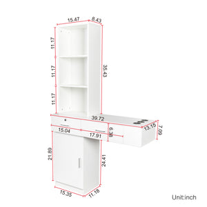 English Elm White modern vanity desk with multi-layer storage, 2 drawers & cabinet, hairdryer ports, space-saving W33163006