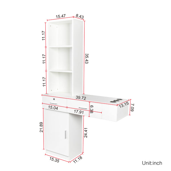 English Elm White modern vanity desk with multi-layer storage, 2 drawers & cabinet, hairdryer ports, space-saving W33163006