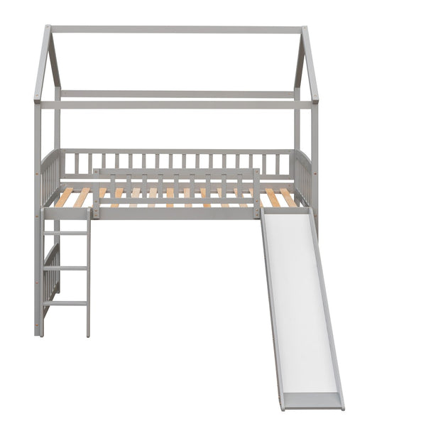 English Elm Twin Playhouse Loft Bed with Built-in Slide Solid Pine Frame Kids Bedroom LT001212AAE