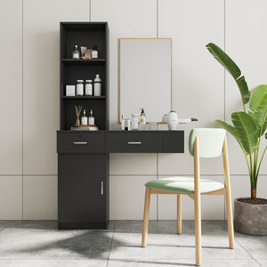 English Elm Black modern vanity desk with multi-layer storage, 2 drawers, cabinet & hairdryer slots for salon-organized spaces W33163005