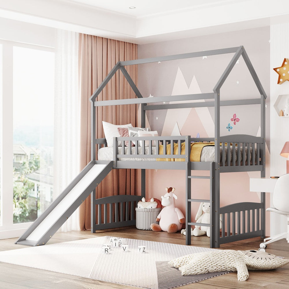 English Elm Twin Playhouse Loft Bed with Built-in Slide Solid Pine Frame Kids Bedroom LT001212AAE
