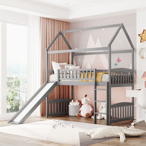 English Elm Twin Playhouse Loft Bed with Built-in Slide Solid Pine Frame Kids Bedroom LT001212AAE