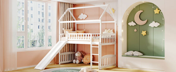 English Elm Twin Playhouse Loft Bed with Built-in Slide Solid Pine Frame Kids Bedroom LT001212AAK