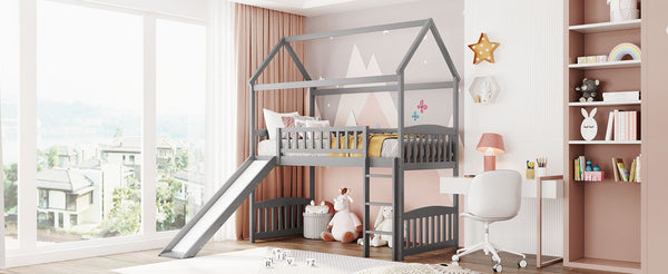 English Elm Twin Playhouse Loft Bed with Built-in Slide Solid Pine Frame Kids Bedroom LT001212AAE