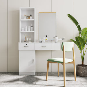 English Elm White modern vanity desk with multi-layer storage, 2 drawers & cabinet, hairdryer ports, space-saving W33163006