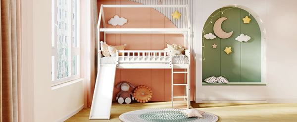 English Elm Twin Playhouse Loft Bed with Built-in Slide Solid Pine Frame Kids Bedroom LT001212AAK