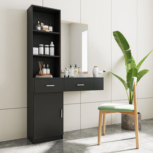 English Elm Black modern vanity desk with multi-layer storage, 2 drawers, cabinet & hairdryer slots for salon-organized spaces W33163005