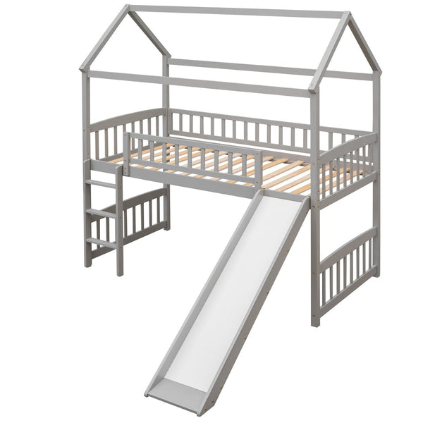 English Elm Twin Playhouse Loft Bed with Built-in Slide Solid Pine Frame Kids Bedroom LT001212AAE