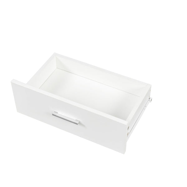 English Elm White modern vanity desk with multi-layer storage, 2 drawers & cabinet, hairdryer ports, space-saving W33163006