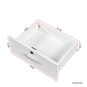 English Elm White modern vanity desk with multi-layer storage, 2 drawers & cabinet, hairdryer ports, space-saving W33163006