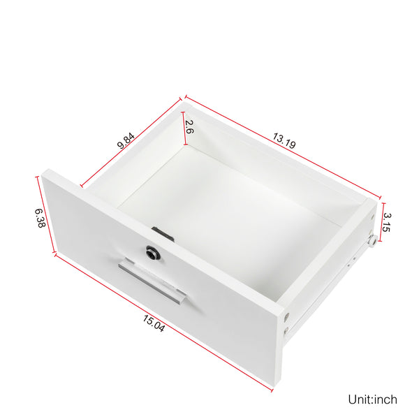 English Elm White modern vanity desk with multi-layer storage, 2 drawers & cabinet, hairdryer ports, space-saving W33163006