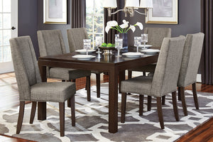 English Elm Contemporary Extendable Checkerboard Veneer Dining Set with Six Gray Upholstered Chairs B011S00327