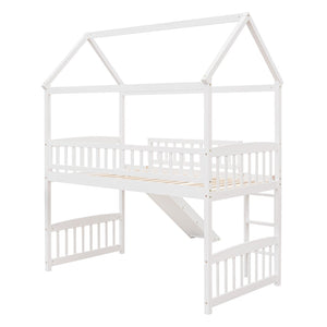 English Elm Twin Playhouse Loft Bed with Built-in Slide Solid Pine Frame Kids Bedroom LT001212AAK