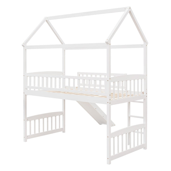 English Elm Twin Playhouse Loft Bed with Built-in Slide Solid Pine Frame Kids Bedroom LT001212AAK