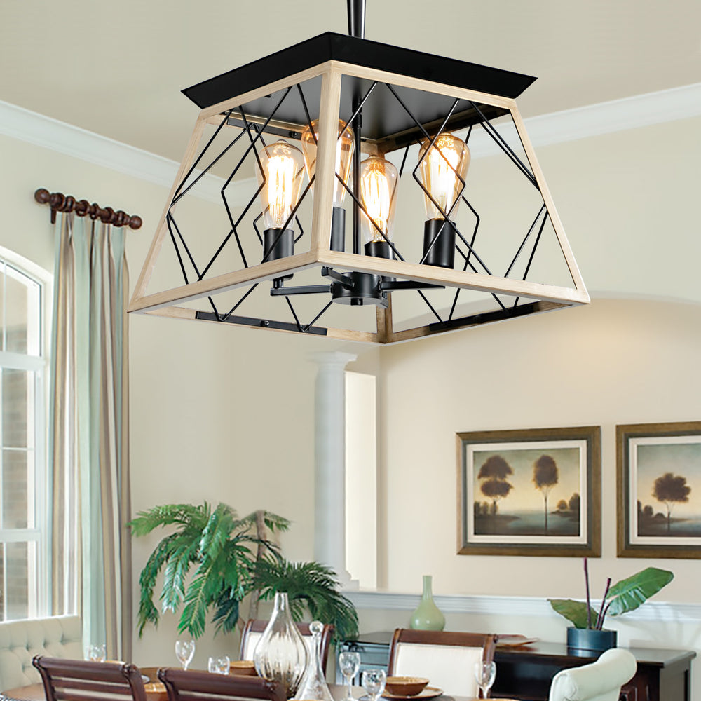 English Elm 4-Light Farmhouse Chandelier Oak Finish, 16.9in Geometric Pendant, Height Adjustable, E26 Bulb Compatible, Rustic Dining Fixture W134070875