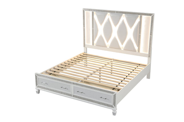 English Elm Crystal Queen LED Storage Bed White Upholstered Headboard with Crystal Accents — Glamorous, Durable centerpiece for Luxe Bedrooms B009S00974