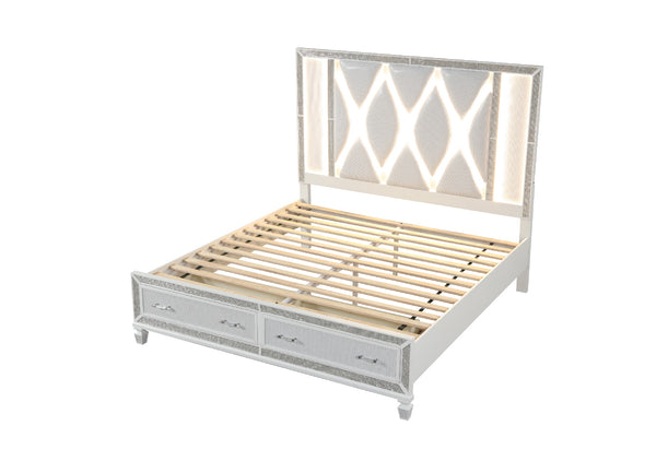 English Elm Crystal Queen LED Storage Bed White Upholstered Headboard with Crystal Accents — Glamorous, Durable centerpiece for Luxe Bedrooms B009S00974