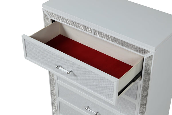 English Elm Crystal 5-Drawer Chest with Mirror & Crystal Accents, White Wood, Felt-Lined Drawers, Smooth Glide (96) B00970956