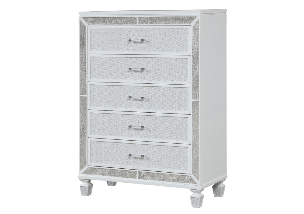 English Elm Crystal 5-Drawer Chest with Mirror & Crystal Accents, White Wood, Felt-Lined Drawers, Smooth Glide (96) B00970956